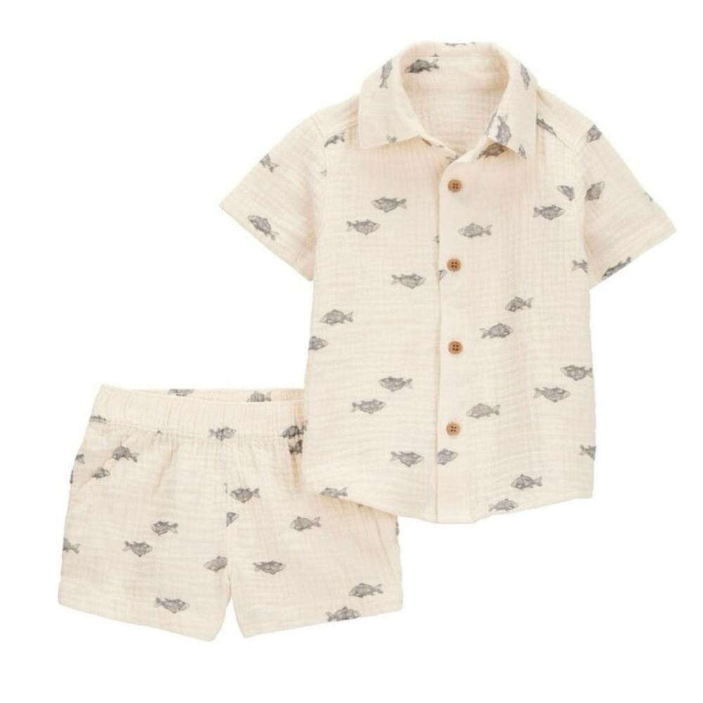 Carter's Child of Mine 2-Piece Baby Boy Outfit Set shirt shorts 3-6 Month beige